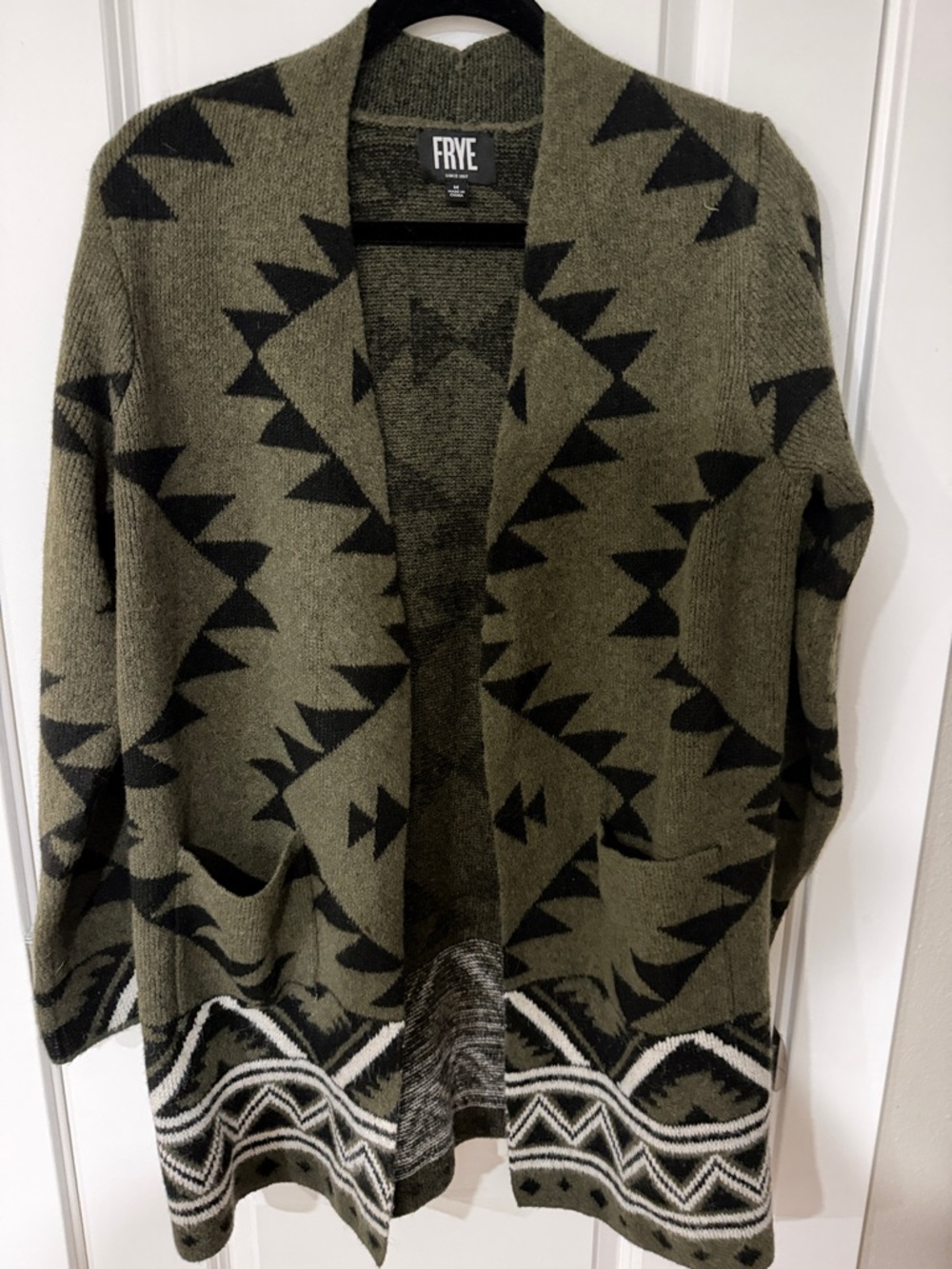 Frye Olive & Black Geometric Knit Cardigan